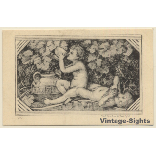 Malerschule Wilhelm Schütze: Putten - Engel - Trauben N°30 (Vintage PC ~1920s)