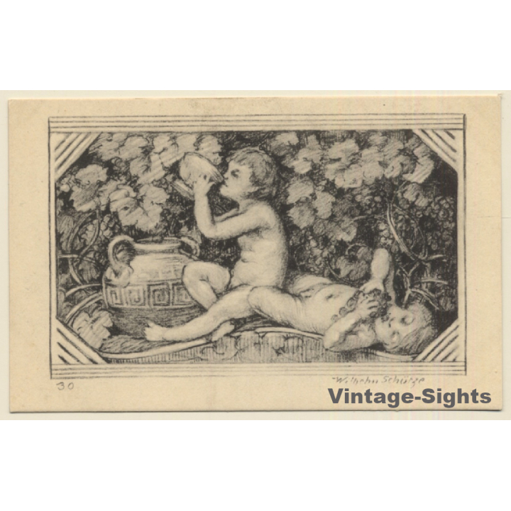 Malerschule Wilhelm Schütze: Putten - Engel - Trauben N°30 (Vintage PC ~1920s)