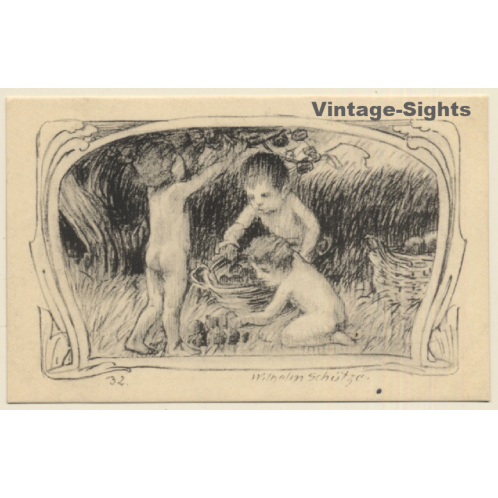 Malerschule Wilhelm Schütze: Putten - Apfelernte N°32 (Vintage PC ~1920s)