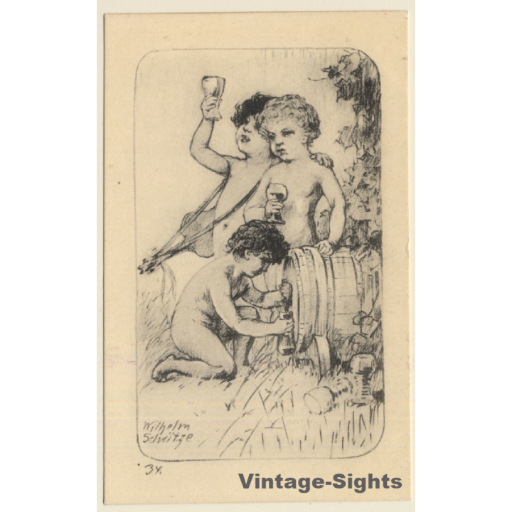 Malerschule Wilhelm Schütze: Putten - Weinfass - Laute N°34 (Vintage PC ~1920s)