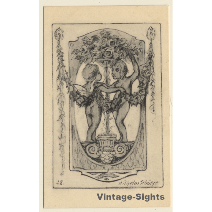 Malerschule Wilhelm Schütze: Putten - Engel - Rosen N°28 (Vintage PC ~1920s)