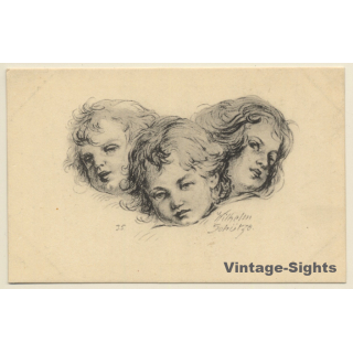 Malerschule Wilhelm Schütze: 3 Engelsgesichter - Putten N°35 (Vintage PC ~1920s)