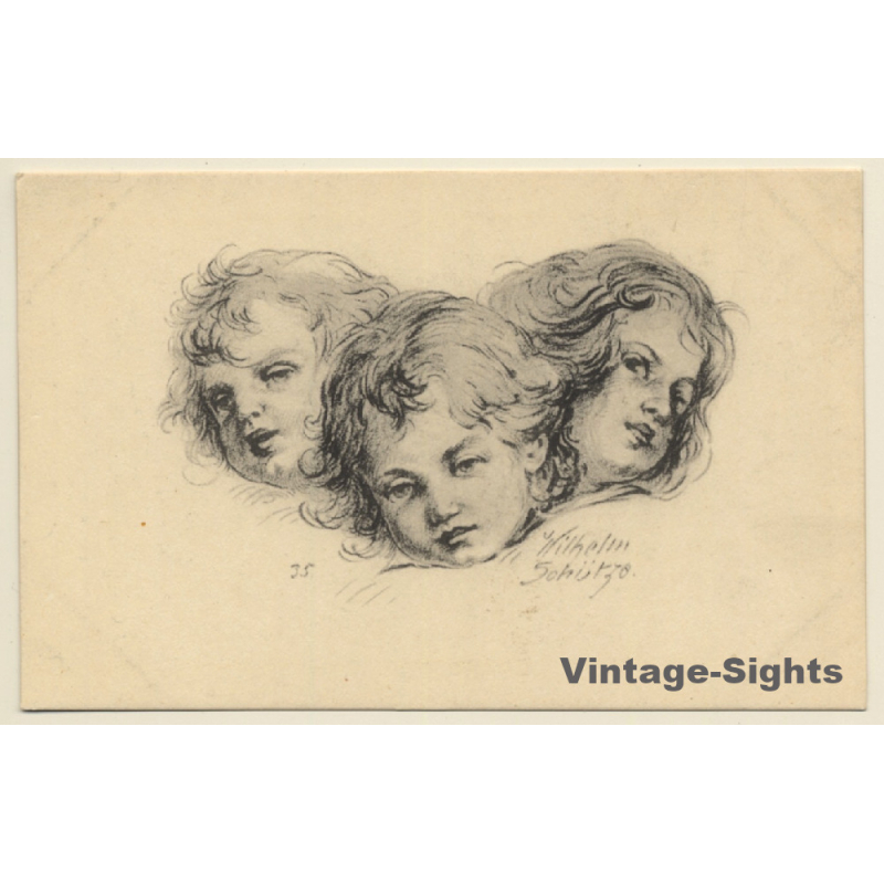 Malerschule Wilhelm Schütze: 3 Engelsgesichter - Putten N°35 (Vintage PC ~1920s)
