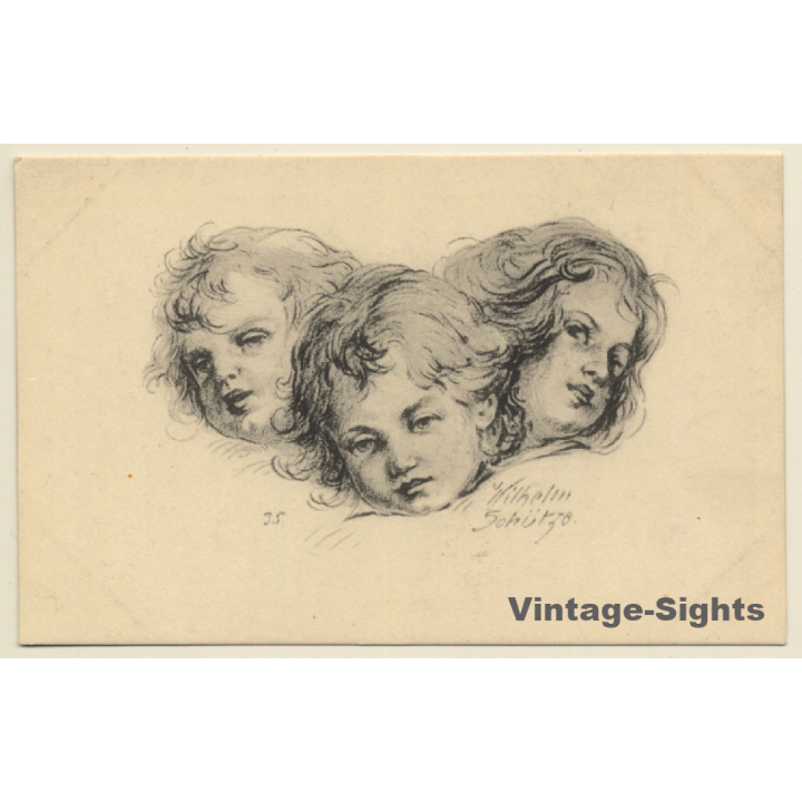 Malerschule Wilhelm Schütze: 3 Engelsgesichter - Putten N°35 (Vintage PC ~1920s)