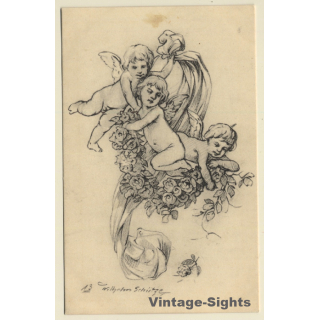 Malerschule Wilhelm Schütze: Putten - Engel - Rosen N°13 (Vintage PC ~1920s)