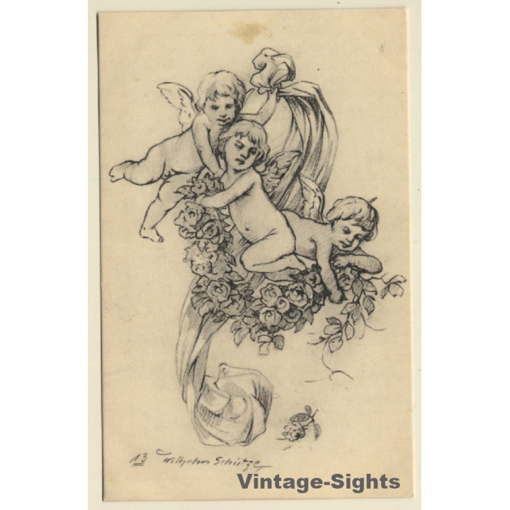 Malerschule Wilhelm Schütze: Putten - Engel - Rosen N°13 (Vintage PC ~1920s)
