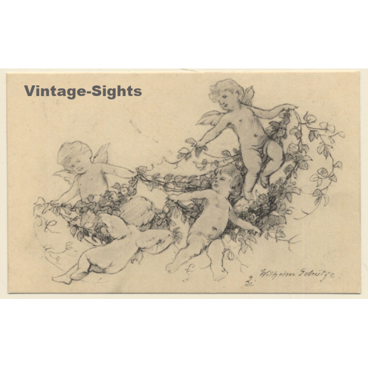 Malerschule Wilhelm Schütze: Putten - Engel - Rosen N°2 (Vintage PC ~1920s)
