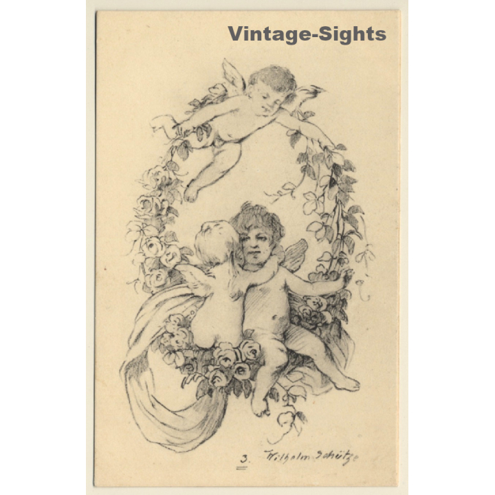 Malerschule Wilhelm Schütze: Putten - Engel - Rosen N°3 (Vintage PC ~1920s)