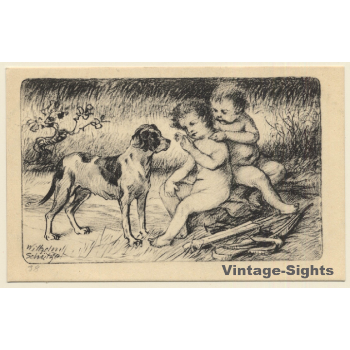 Malerschule Wilhelm Schütze: Putten - Engel - Hund (Vintage PC ~1920s)