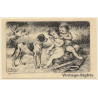 Malerschule Wilhelm Schütze: Putten - Engel - Hund (Vintage PC ~1920s)