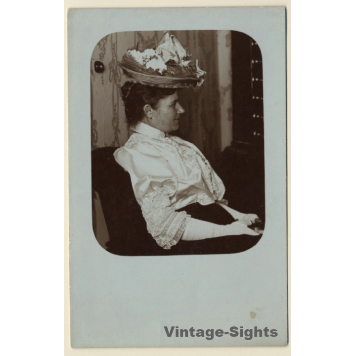 Victorian Lady With Fancy Hat / Ascot Style (Vintage RPPC ~1910s)