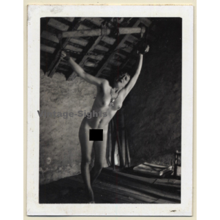 Nude Darkhaired Maid In BDSM Session *5 / Tied To Ceiling - Bondage (Vintage Photo France ~1950s)