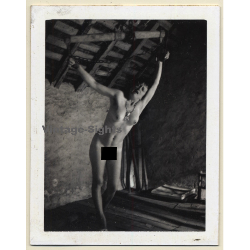 Nude Darkhaired Maid In BDSM Session *5 / Tied To Ceiling - Bondage (Vintage Photo France ~1950s)
