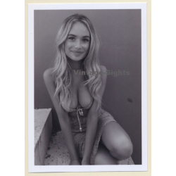 Erotic Study: Slim Busty Blonde Kneeling / Smile (B/W Photo ~2000s)