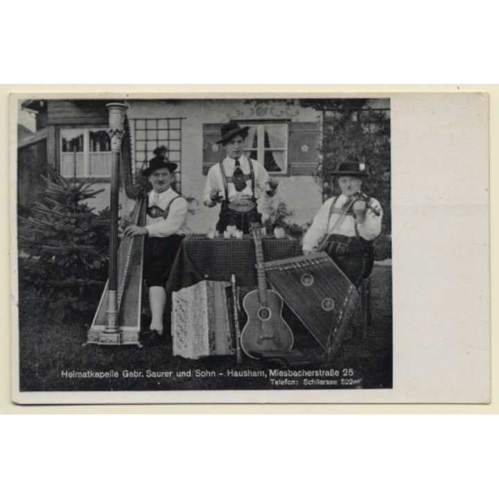 Hausham: Heimatkapelle Gebrüder Saurer & Sohn / Zither - Harp (Vintage RPPC ~1930s)
