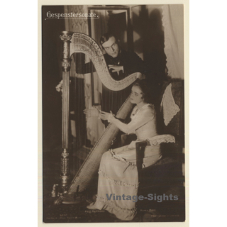 Paul Hartmann & Roma Bahn: Gespenstersonate / Harp (Vintage RPPC ~1920s)