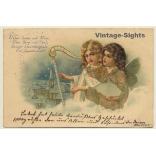 2 Little Girl Angels Playing Harp / Über Land Und Meer.. (Vintage Glitter PC 1901)