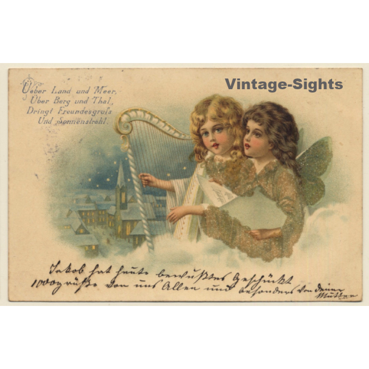 2 Little Girl Angels Playing Harp / Über Land Und Meer.. (Vintage Glitter PC 1901)