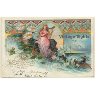 Mermaid Loreley Playing Harp / Rowing Boat (Vintage PC 1901)
