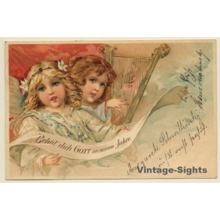 2 Baby Girl Angels Playing Harp / Behüt Dich Gott... (Vintage PC 1901)
