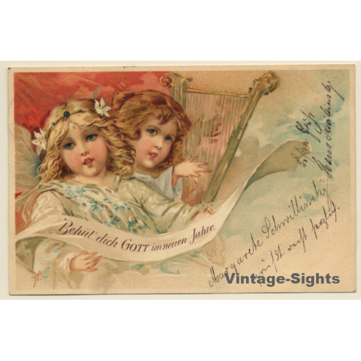 2 Baby Girl Angels Playing Harp / Behüt Dich Gott... (Vintage PC 1901)