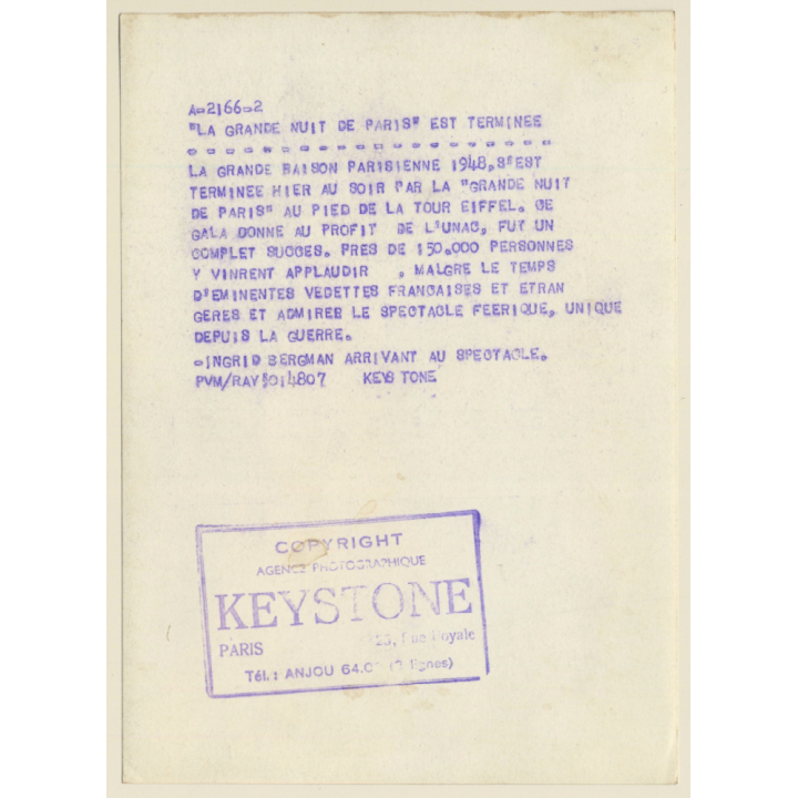 Ingrid Bergman: La Grande Nuit De Paris 1948 (Vintage Press Photo 1948)