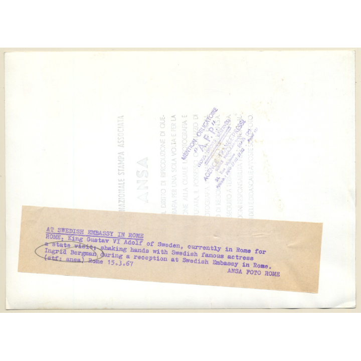 King Gustav VI Adolf Of Sweden & Ingrid Bergman (Vintage PRESS Photo 1967)