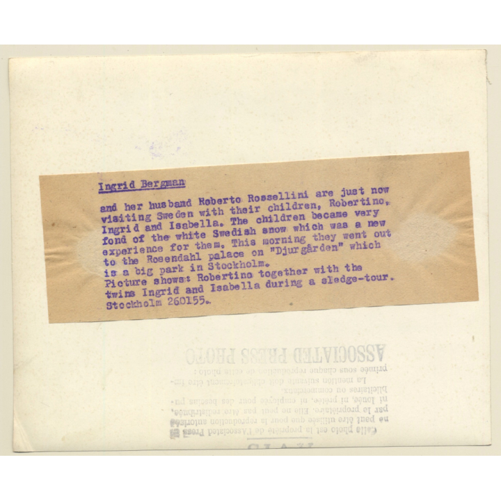 Ingrid Bergman's Kids On Sleigh / Robertino - Isabella & Isotta (Vintage Press Photo 1955)