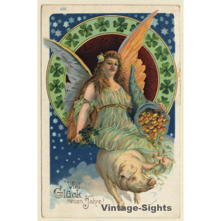 Art Nouveau: Female Angel - Pig - Clover - Cornucopia (Vintage PC 1905)