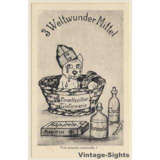 3 Weltwunder Mittel: Aspirin - Jod - Formalin / Weinender Hund (Vintage PC)