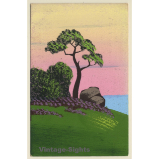 R. Schwarzenbach / Wädenswil-Zürich: Tree - Rock - Lake (Handpainted Vintage PC 1920s)