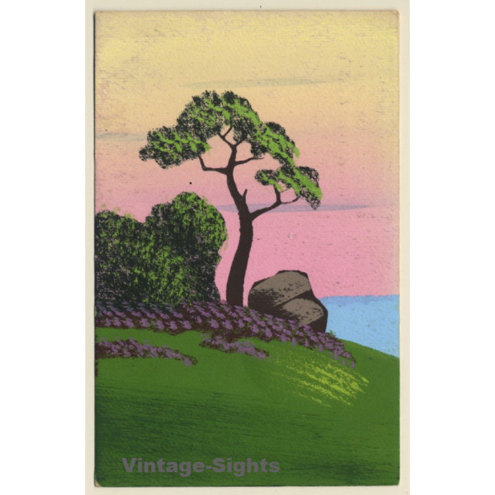 R. Schwarzenbach / Wädenswil-Zürich: Tree - Rock - Lake (Handpainted Vintage PC 1920s)