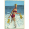 Pin-up Girl In The Surf / Diving Mask - Fins - Bikini (Vintage PC C.Y.Z. 1960s)