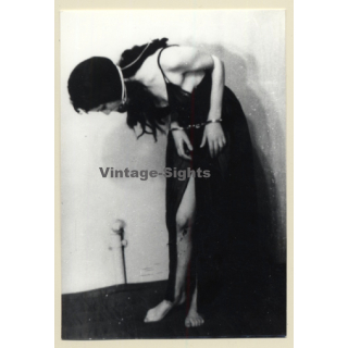 Darkaired Maid In Long Black Dress / Hand Cuffs - Ball Gag - BDSM (2nd Gen. Photo B/W ~1960s)