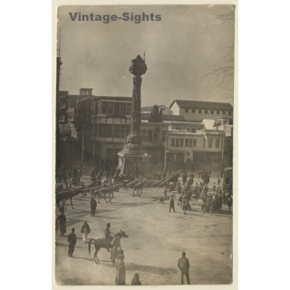Damascus / Syria: Camels Carrying Large Wood Logs / Telegraph Monument (Vintage RPPC 1918)