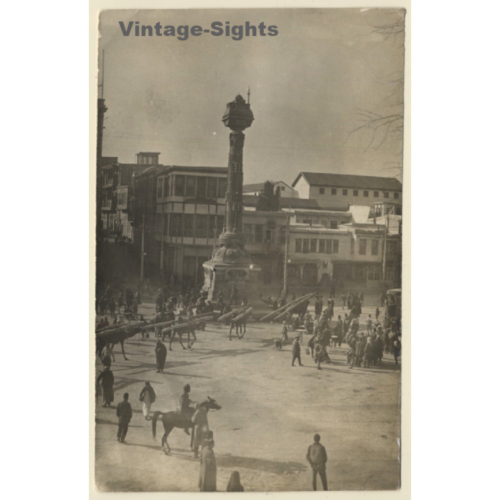 Damascus / Syria: Camels Carrying Large Wood Logs / Telegraph Monument (Vintage RPPC 1918)