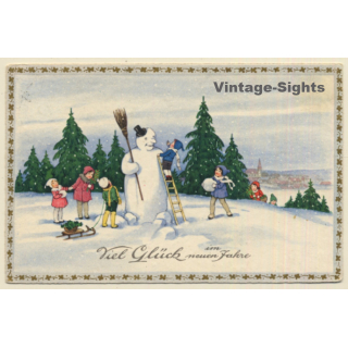 Boy On Ladder Builds Snowman / Forest - Sleigh (Vintage PC 1933)