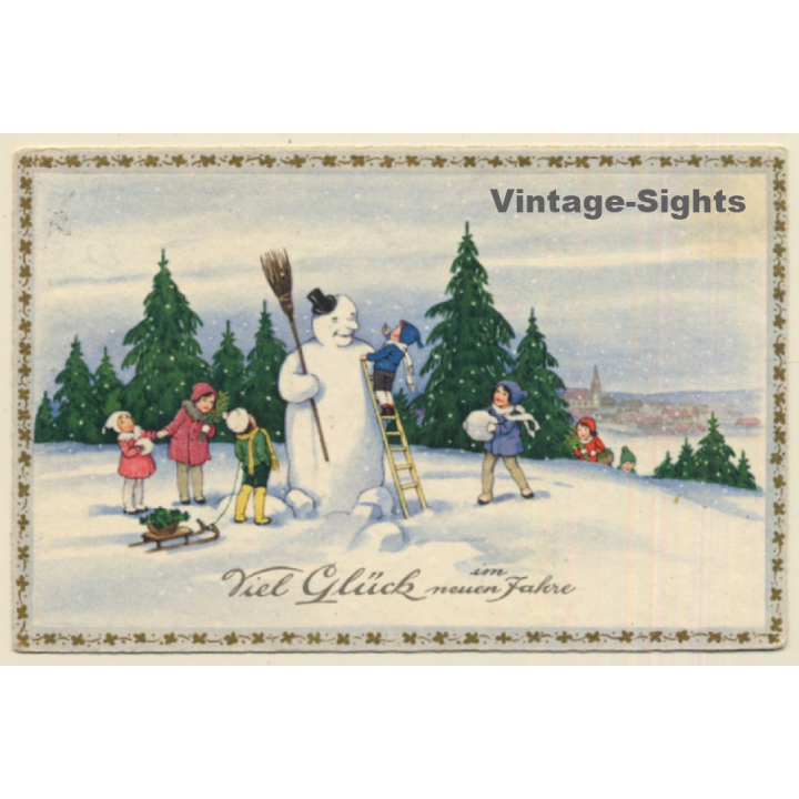 Boy On Ladder Builds Snowman / Forest - Sleigh (Vintage PC 1933)