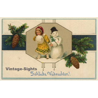 Little Girl With Snowman / Fröhliche Weihnachten (Vintage PC 1914)
