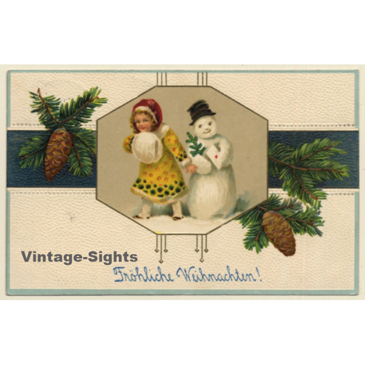 Little Girl With Snowman / Fröhliche Weihnachten (Vintage PC 1914)