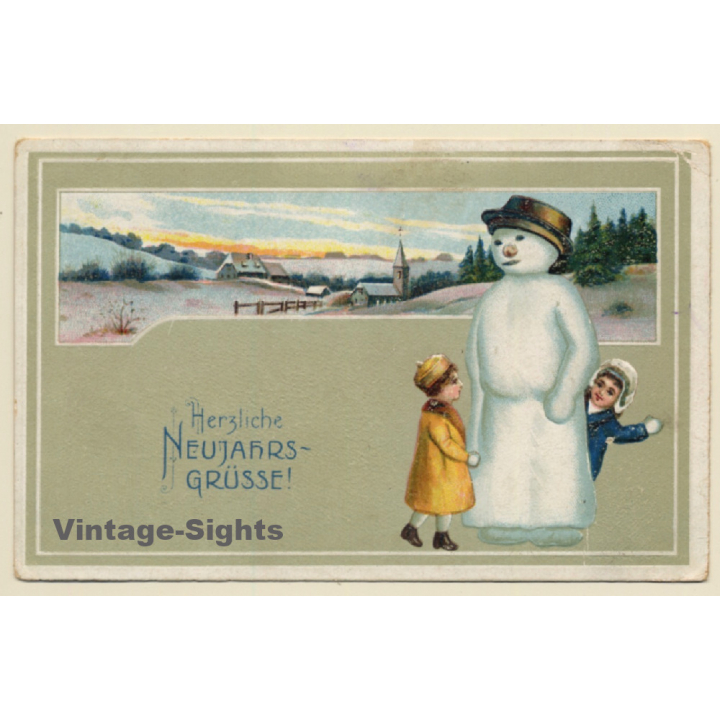 2 Kids With Snowman / Herzliche Neujahrsgrüsse (Vintage PC 1924)