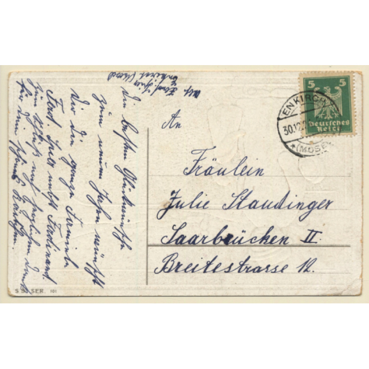 2 Kids With Snowman / Herzliche Neujahrsgrüsse (Vintage PC 1924)