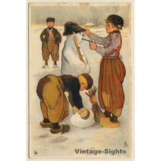 LL.: Dutch Kids With Clogs Build Snowman (Vintage PC Tucker 1936)