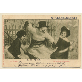 H.Toregger: 2 Girls With Snowman / Der Verliebte Schneemann (Vintage PC 1902)