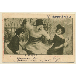 H.Toregger: 2 Girls With Snowman / Der Verliebte Schneemann (Vintage PC 1902)