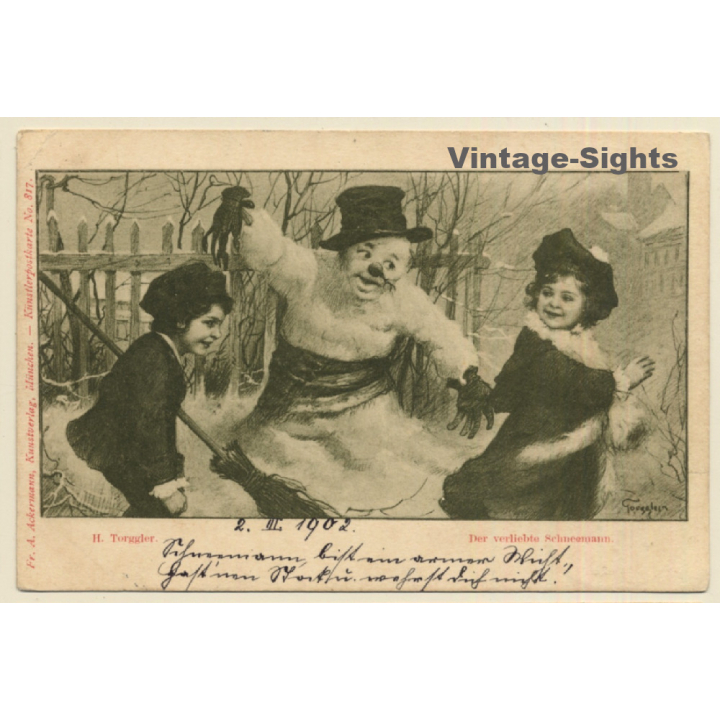 H.Toregger: 2 Girls With Snowman / Der Verliebte Schneemann (Vintage PC 1902)