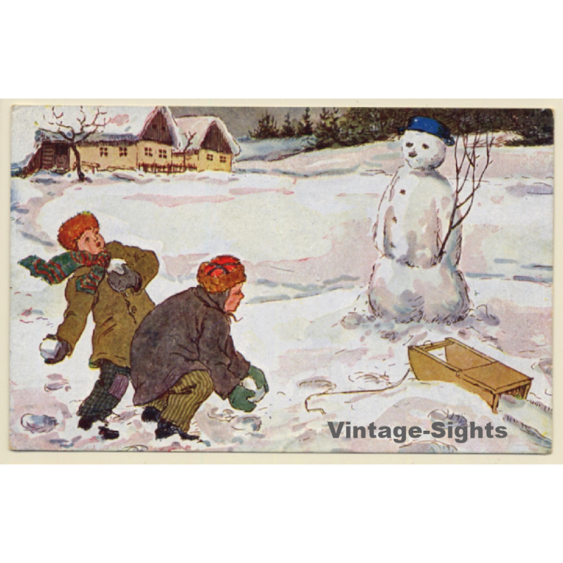 J.Wachsmann: Kids Throw Snowballs At Snowman (Vintage PC)