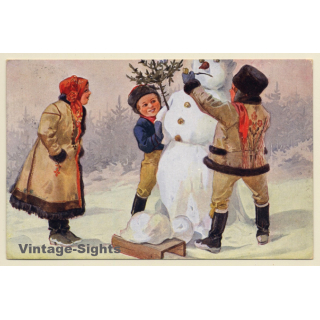 K.Simonka: Kids Build Snowman / Sleigh (Vintage PC 1942)