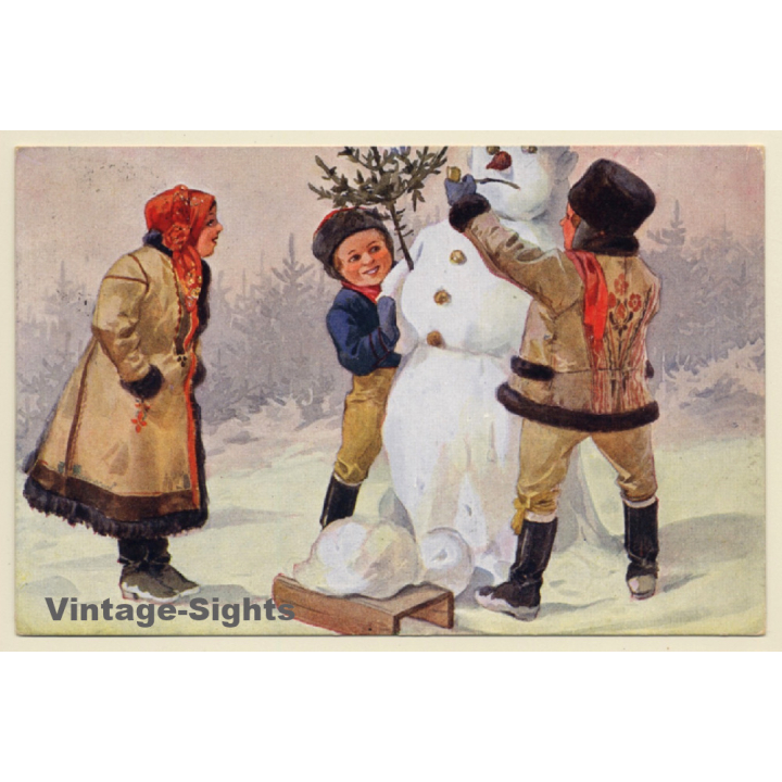 K.Simonka: Kids Build Snowman / Sleigh (Vintage PC 1942)