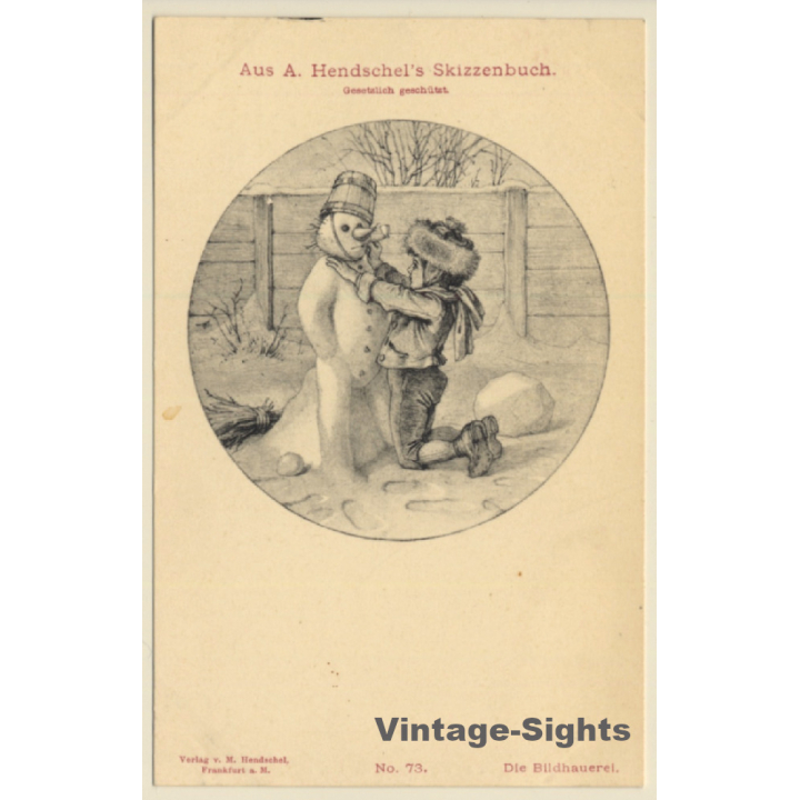 A.Hendschel's Skizzenbuch: Boy Builds Snowman (Vintage PC 1900s)